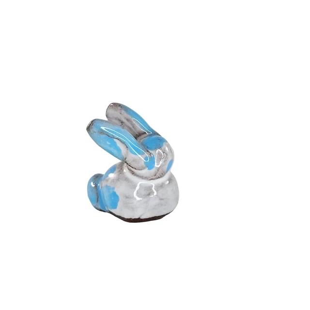 Pottery Bunny Rabbit Miniature Figurine Tiny Cute Blue White Kitsch