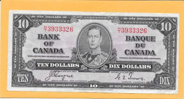 1937 Bank Of Canada 10 Dollar Bill H/T3933326Cool # Very Nice Crisp (Circulated)