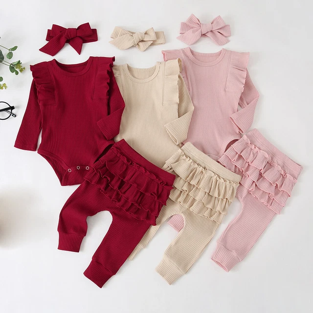 Newborn Baby Girls Ribbed Outfits Ruffle Romper Jumpsuit Pants Party Clothes Set