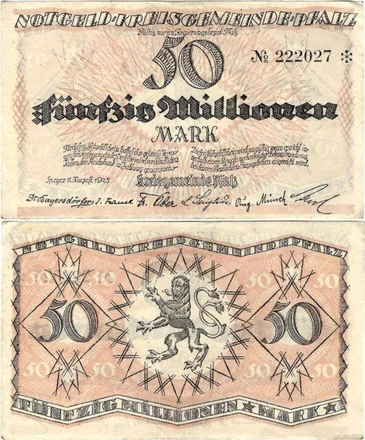 Banknote Notgeld 50.000.000 Mark 11.08.1923 Speyer Kreisgemeinde Pfalz