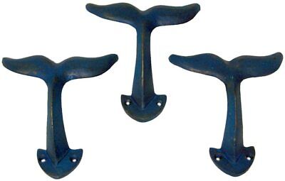 Rustic Dark Blue Cast Iron Whale Tail Wall Hooks, 4 1/2 Inches, Set of 3