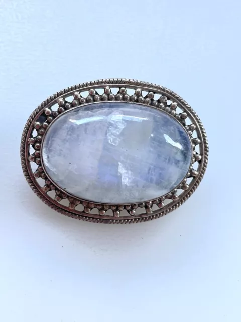 Antique Estate Sterling Silver 925 Large Blue Moonstone Brooch Pin 1.75"