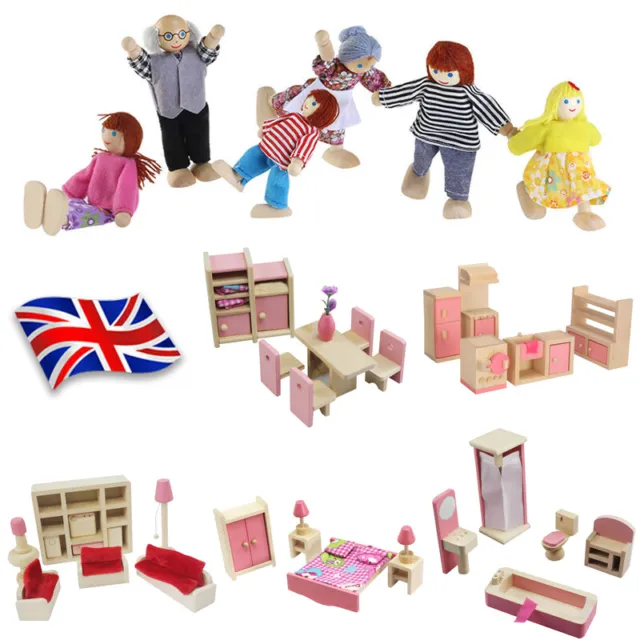 Wooden Dolls House Furniture Bundle Wood Doll Toys Miniature 6 People Family Set