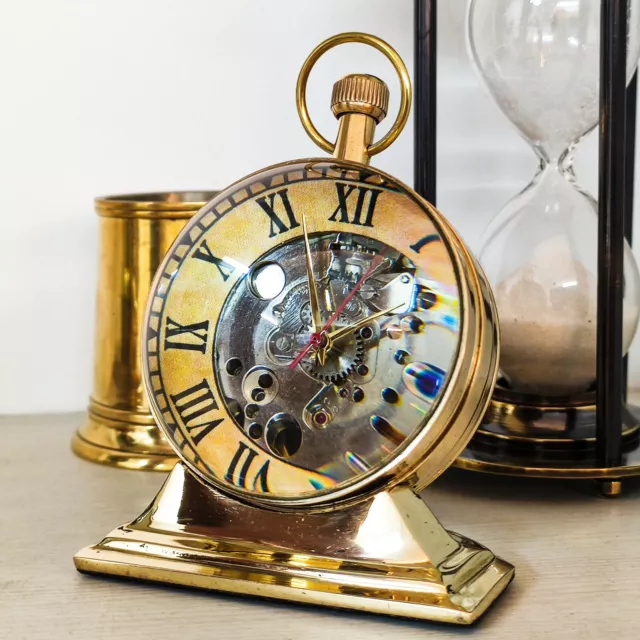Shiny Brass Trophy Desk Clock Mechanical Vintage Table Top Decorative Gift