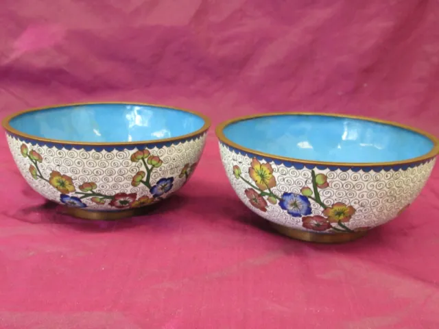 Pair Antique Chinese 5 1/8" cloisonne bowls with flowers marked CHINA