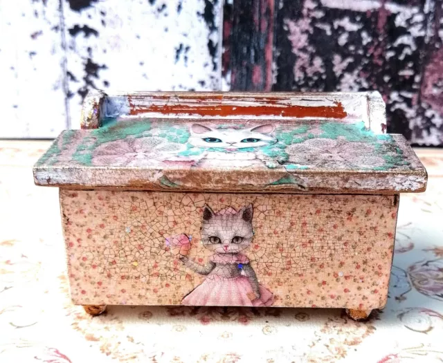 1/12th scale Dolls house Shabby Chic Chest , Whimsical doll House Miniature, Cat 2