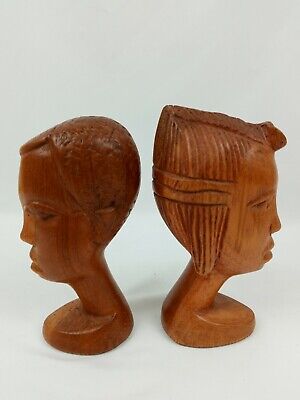 African Art Tribal Carved Wood Statue Couple Bust Pair Very Detailed 2