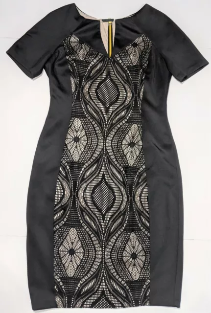 JAX Black Lace Lined Illusion Slimming Short Sleeve Zipper Sheath Dress Womens 4