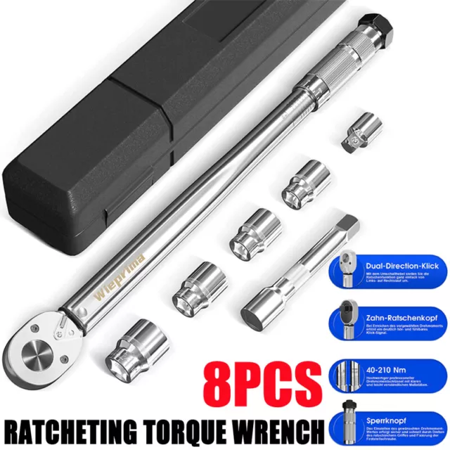 8PC 1/2 " Ratcheting Torque Wrench 28-210Nm Socket Drive Extension 17/19/21/24mm