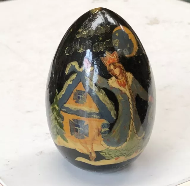 Russian Fairy Tale Large Egg, Traditional Hand Painted Wooden Lacquer, Signed