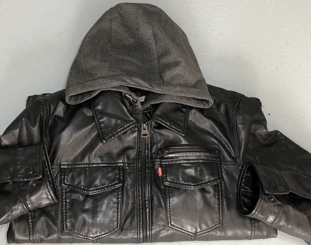 LEVI'S Full Zip Up Faux Fur Lined Black Hooded Leather Jacket Men's Size Small