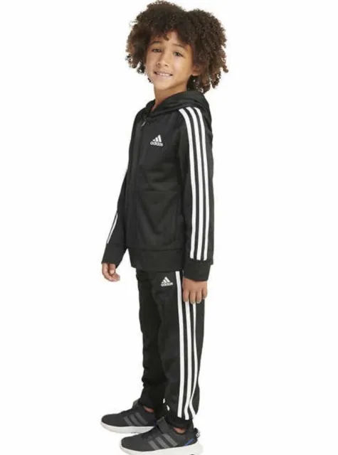 Adidas Boys Zip Up Front Tricot Black 2 pc Jacket Pants Set Youth