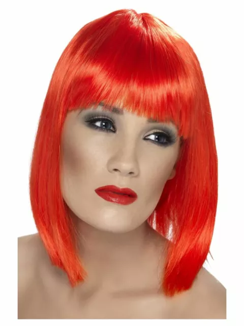 Smiffys Glam Wig Short Blunt with Fringe - Neon Red