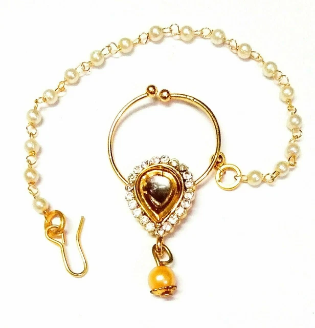Indian Nath Gold Plated Bollywood Long Chain Wedding Nose Ring Women Jewelry