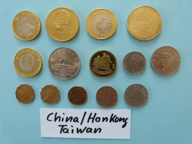 Münzen Kl. konvolut China, Taiwan, Honkong, 14 Stück. Erhalt. ss. bis bankfrisch