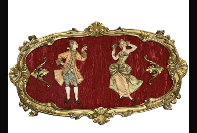 Vintage Depose Italy Victorian Dancers Couple Wall Hanging On Velvet 22”x14”