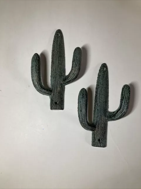 2 Cast Iron Green Wash Saguaro CACTUS Wall Hook Set Coat Hat Towel