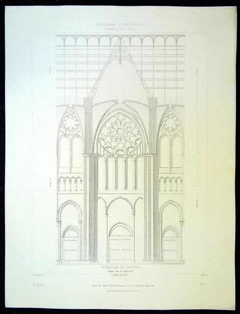 Ancienne Gravure d'Architecture - Cathédrale de Chartres coupe sur le transept