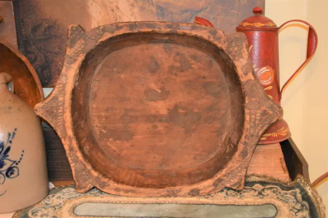 Early 1800's Primitive Antique Hand Hewn Wood Serving Dough Bowl Handles Patina 2