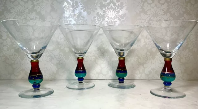 Set Of 4 Pier 1 Imports Hand Painted Martini Glasses Red Blue Green Gold Design