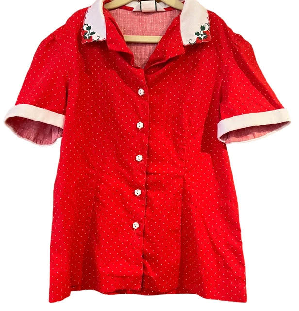 Sears Shirt Girl’s Size 5 Button Down Strawberry Collar Red White Vintage 1980s
