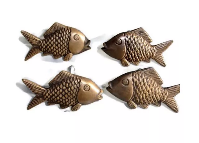 4 aged ANTIQUE old style FISH Cabinet Door solid 100%Brass KNOB Drawer Pull 2" B