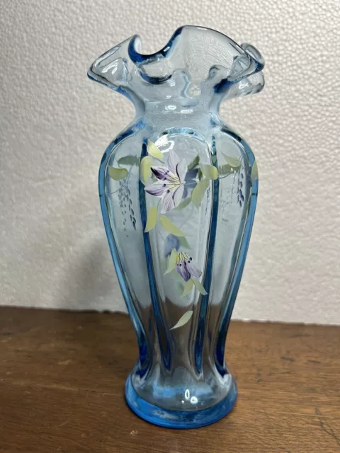 Fenton vase painted by L Everson blue with lavender flowers **please  read descr