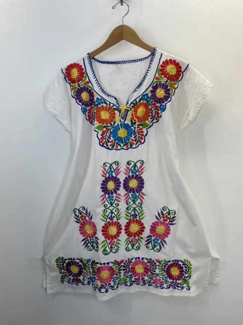 Peasant Dress Made in Mexico  Cotton Size M Embroider Colorful Flowers
