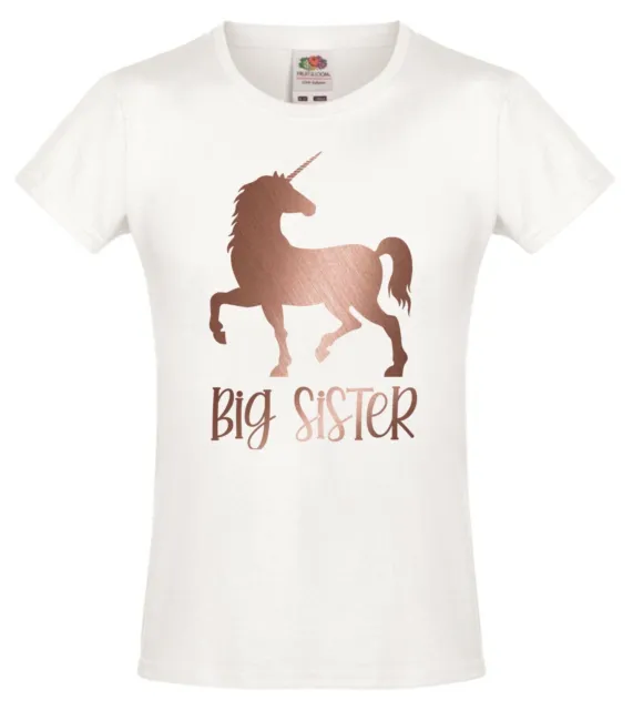 Rose Gold Unicorn Big Sister Girls T-Shirt - Printed Pregnancy Reveal Party Top