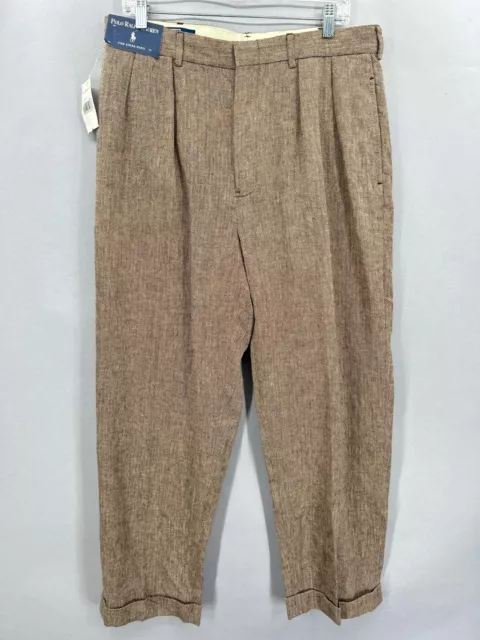 Vintage Polo Ralph Lauren Pants Mens 35x30 Brown Linen Blend Herringbone NWT NOS
