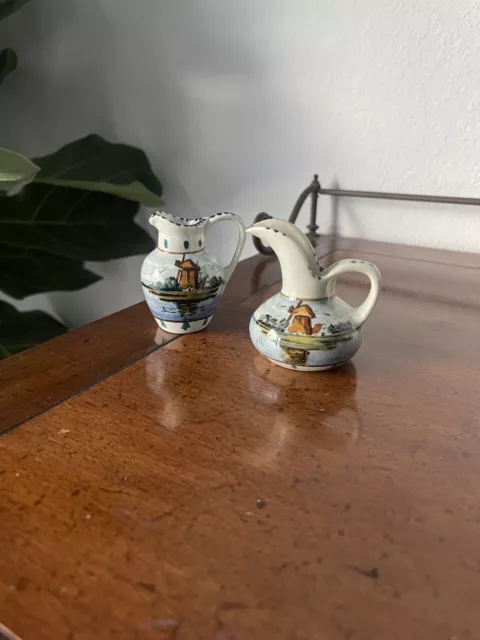 Set of 2 Miniature Delft Pitchers Hand Painted Ceramic Signed Holland