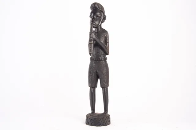 Antique African Carved Wood Folk Art Sculpture Man with Instrument Tanzania