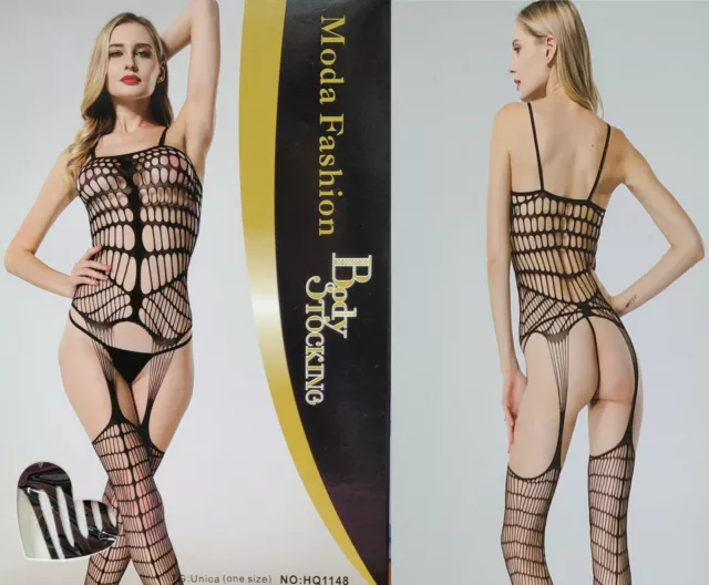 Bodystocking Rete Spallina Sexy Catsuit Body Da Donna Lingerie Completo Intimo