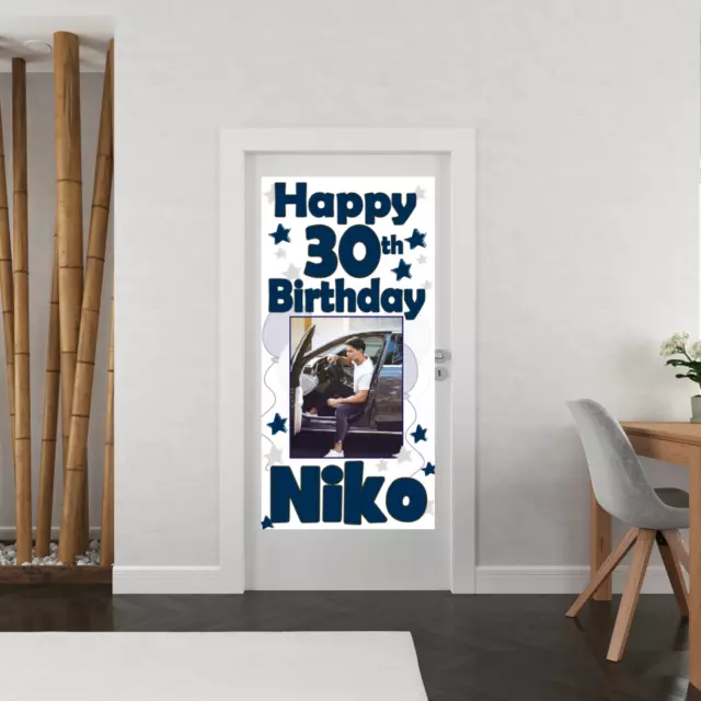 Personalised Birthday Banner Photo Navy Blue & Silver party decorations poster