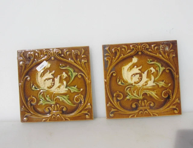 Antique Ceramic Tiles Vintage Floral Art Nouveau Flowers Old Leaf "L.T" Pair x2