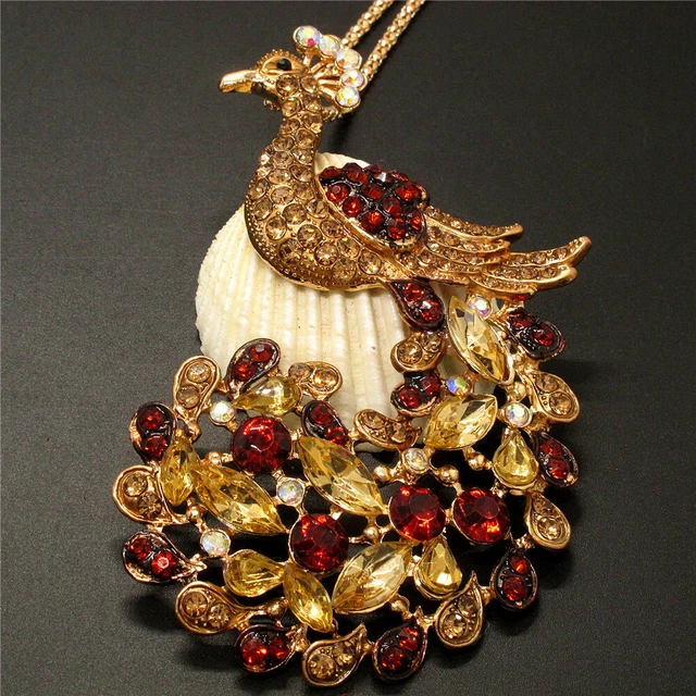 New Betsey Johnson Champagne Crystal Peacock Bling Animal Necklace Sweater Chain