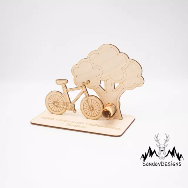 Geldgeschenk Fahrrad mit Baum - aus Holz personalisiert