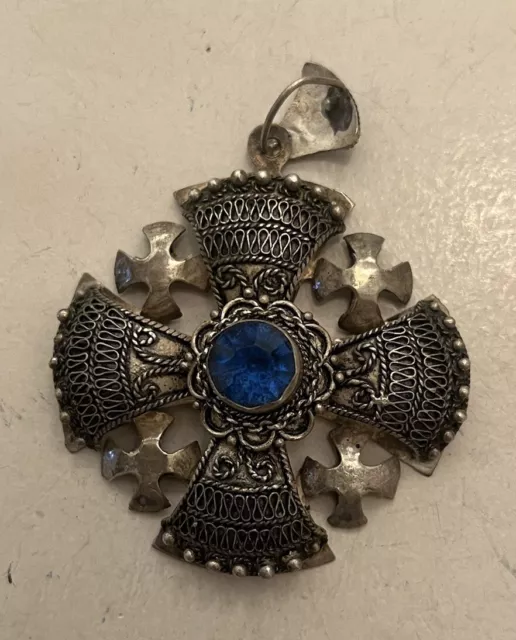 Vintage Sterling Silver 950 Jerusalem Crusaders Cross Maltese Pendant Blue Stone