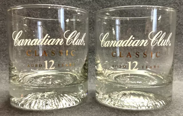 Set of 3 Canadian Club 12 yr Whiskey Rocks Glass Etched & Gold Logo Heavy Base