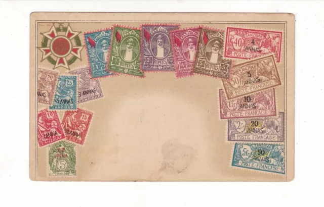 Vintage ZANZIBAR Stamps collage & Coat of Arms postcard c1900s OTTMAR ZIEHER #66