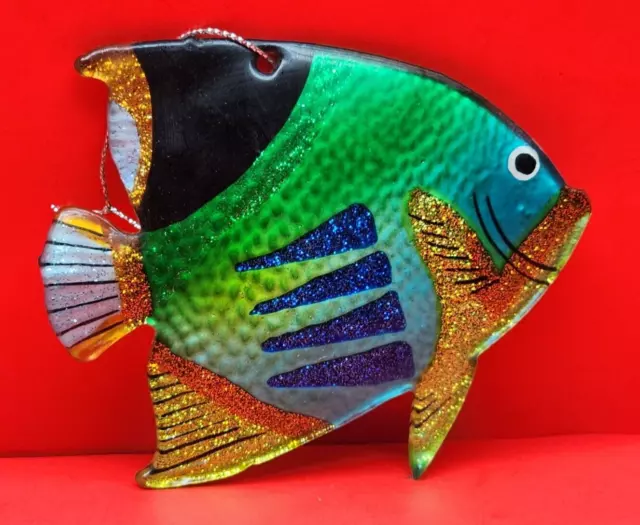 Beautiful Hand Painted  Teal and Green Angelfish Glass Christmas Ornament