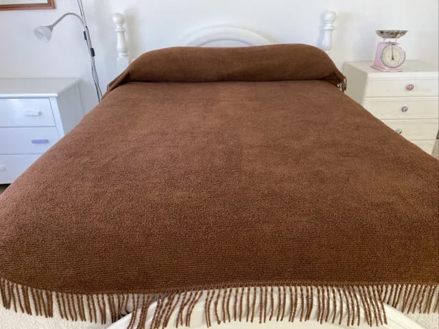 Vintage Brown Cotton Chenille Bedspread Single Fringe 260 cm x 180 cm