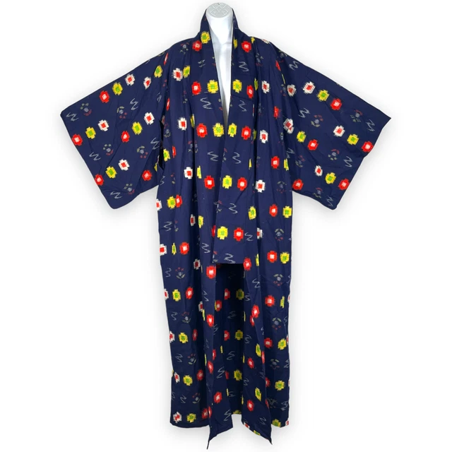 Navy Blue Japanese Kasuri Kimono Robe Long Red Yellow White Traditional