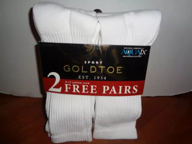 GoldToe Cotton Crew Aquafx Socks 8-Pair Bonus 6+2 Pack White Men's Size 6-12.5