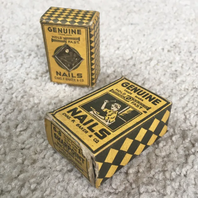 2 Boxes Vintage 1920s GENUINE HOLD FAST NAILS w/ Contents - Chas F. Baker & Co.