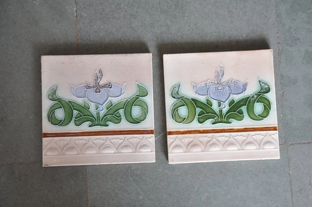 4 Pc Floral Design Majolica Decorative Art Nouveau Architecture Tiles , Japan 2