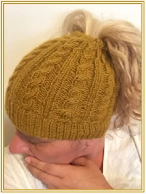 La003 Knitting Pattern Messy Bun Ponytail Hat With Cables In Dk 3 Sizes