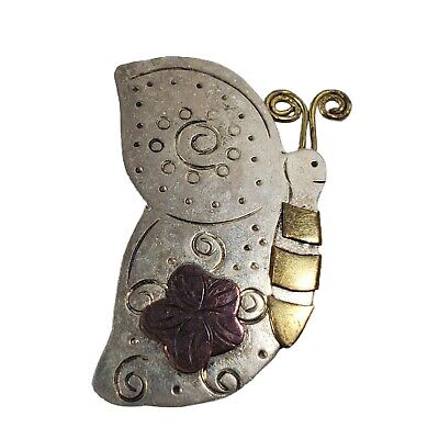 Vintage Butterfly flower brooch pin  metal Handmade Artisan Gold Silver Tone 2"
