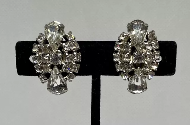 Vintage Silver Tone Costume Clear Glass Rhinestone Clip on Earrings “SPARKLY”