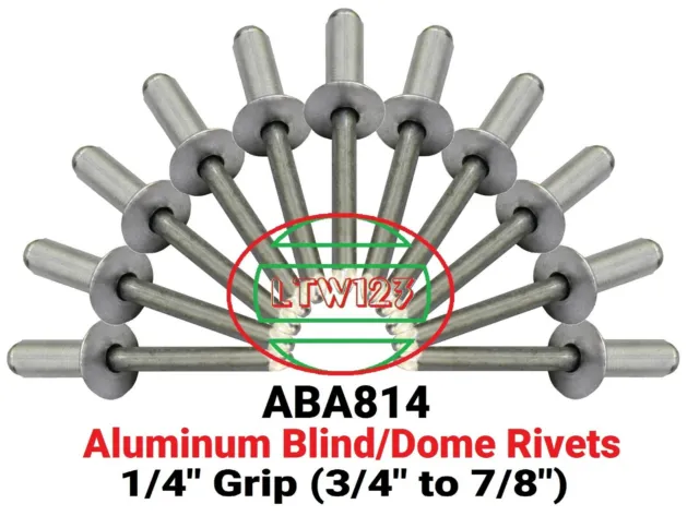 (20 Pcs)  Aluminum  Rivets 1/4 x Grip ( 3/4" to 7/8" (ABA814)